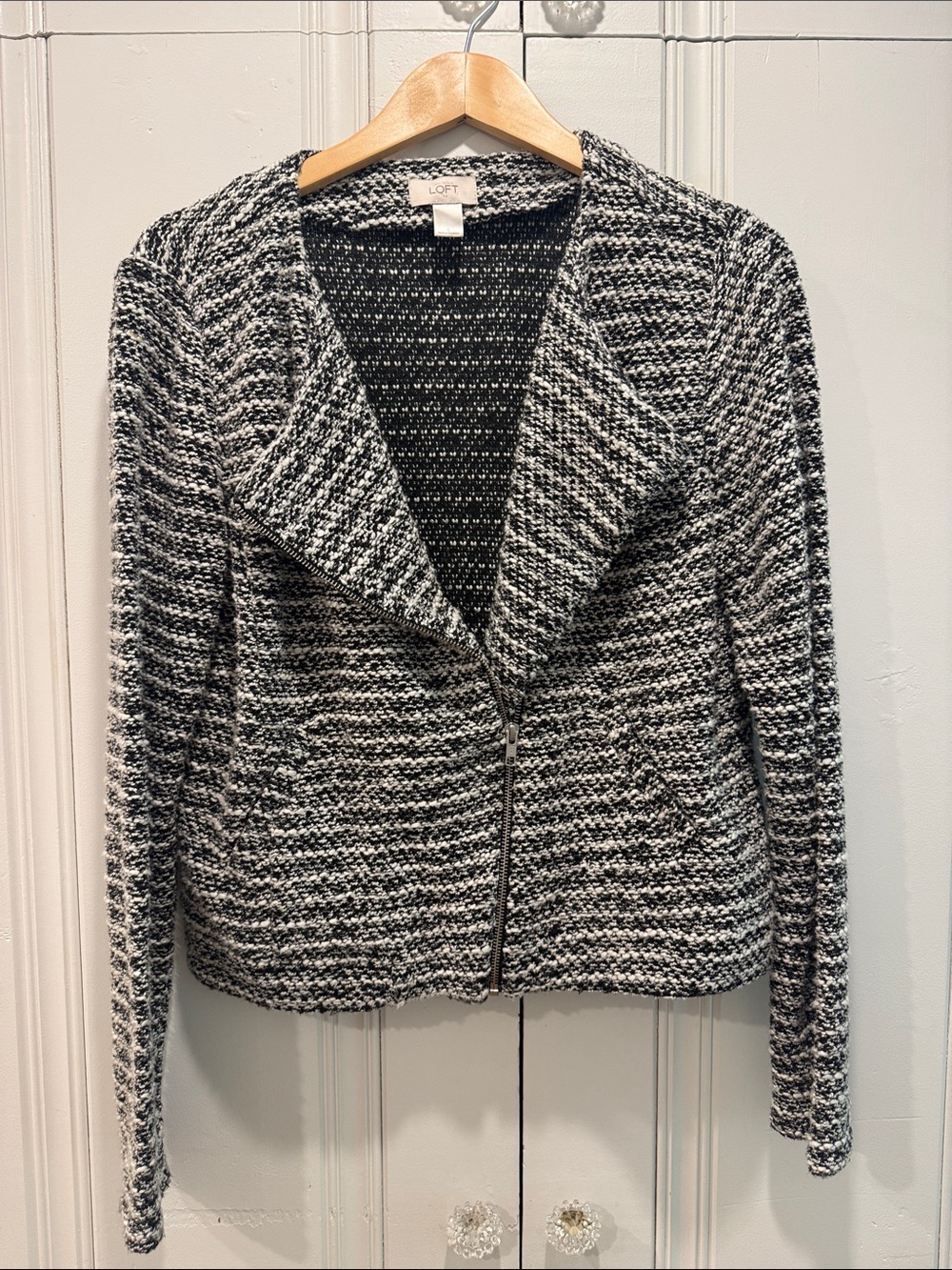 LOFT Black and White Knit Zip-Front Blazer